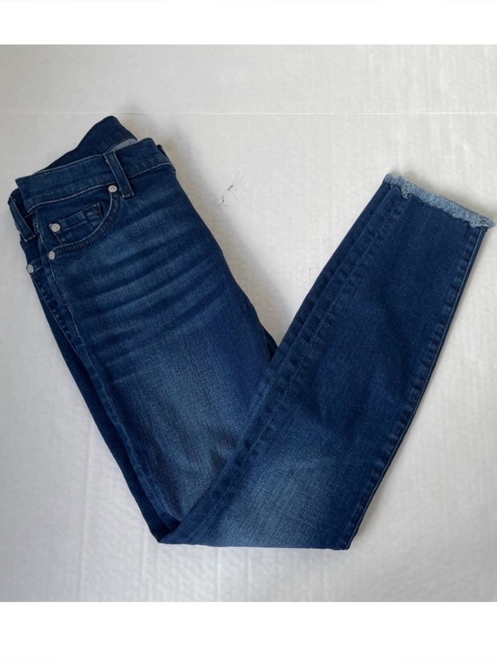 7 for all Mankind Jeans Ankle Skinny Dark Blue Frayed 26 Minimalist Mid Rise